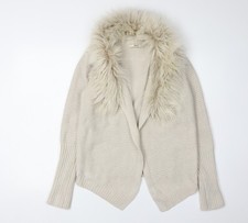 Oasis Beige Women's Open Front Cardigan, S, Faux Fur Trim, Knit