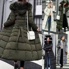 Women Winter Warm Padded Long Parka Lady Quilted Knee Coat Hooded Jacket Outwear