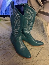 Ladies Peacock Blue Cowboy Boots Size 7.5 Pull On Block Heel