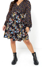 New Womens Floral V Tie Back Detail Dress Black