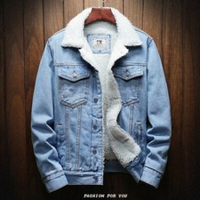 Trucker Denim Overcoat Fleece Lined Winter Warm Coat Jean Faux Fur Collar Jacket
