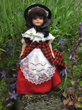 Vintage costume Doll Wales, 9”, red tweed, fancy white shawl apron, 1960s/70s