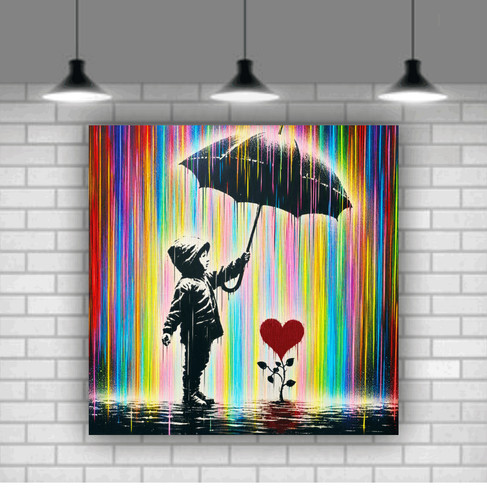 Banksy style colourful rain