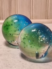 Pair 2 Blue Green Bubble Glass