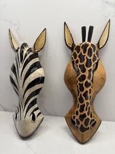 Wooden Hand Carved And Painted Animal Wall Art Pair Of Zebra And Giraffe, 40cm,