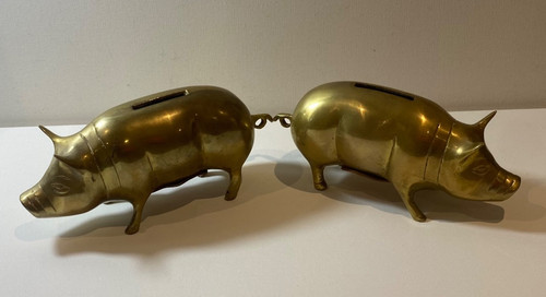 Rare 1920s brass pig money - rare, x2