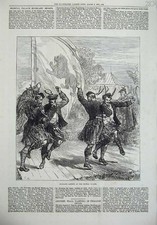 Original Old Antique Print 1872 Highland Dancing Crystal Palace Men Kilts Music