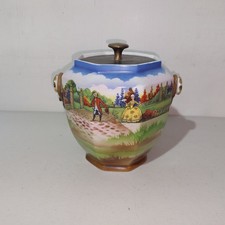 Vintage New Hall Pottery England Biscuit Barrel Rattan Handles #CC