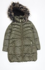 Next Girls Green Hooded Coat with Fur Trim, Size 8 Years