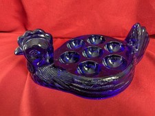 A Colbalt Blue Glass Chicken Egg Holder Holds Six Eggs Vintage Retro