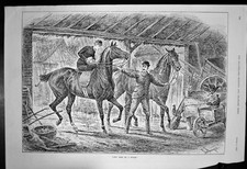 Old Antique Print Any Port In Storm Horses Sheltering Farm Shed Hens 1891 19th