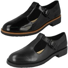 Ladies Clarks 'Griffin Town' Black Leather Or Patent T-Bar Strap Shoes - D+E Fit