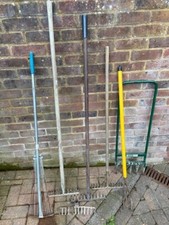 SELECTION of OLD RAKES, HOLLOWTINE AERATOR & Garden Implements 3 CLAW CULTIVATOR