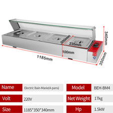 Bain Marie Electric Food Warmer Stainless Steel Buffet 4 Pans Commercial 1500W