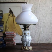 Victorian German Porcelain Owl Oil Lamp – Sitzendorf Style, Working Burner & Ch