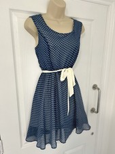 Kew 159 Blue & White Super Soft Chiffon Polka Dot Sleeveless Mini Dress size L