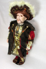 Large Vintage Henry VIII Doll with porcelain head and limbs, with stand.