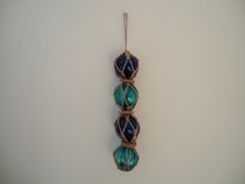 4 Fishing Boat Net Blown Glass Floats In Rope Blue & Turquoise Ball Nautical