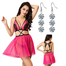 Valentines Bundle Pink Babydoll Lingerie G-String & C/Z Drop Hook Earrings Set