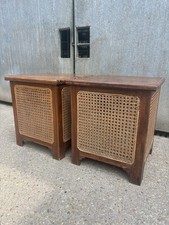 Pair Of Vintage Rattan & Wood Side Tables Open Top Storage Boxes Laundry Basket 