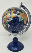 World Globe With Stand Inlaid Semi-Previous Gemstone 10.5 inch Lapis Blue Oceans