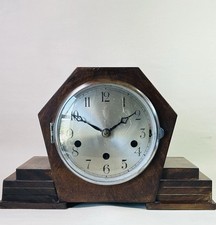 Antique 3 Train Wood Cased Art Deco German Made Winding Large Mantle Clock