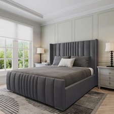 Winged Panel Bed Frame Plush Velvet Upholstered Ottoman Gas Lift Storage Double