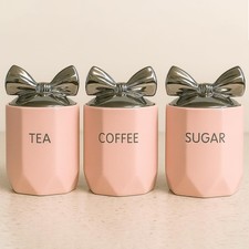 Tea Coffee Sugar Storage Jars Silver Bow Lid Ceramic Kitchen Container Canister