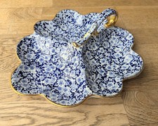 Vintage Blue White Gold Chintz 3 Section Hors d'oeuvres Serving Dish with Handle