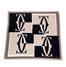 Cartier - Silk Twill Scarf - Black Brown Beige Logo Blocks - Square 66x66cm