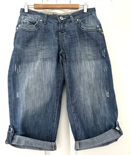 PEACOCKS.  BLUE DISTRESSED DENIM CROPPED JEANS TAB UP LEGS.  SIZE 10