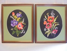 VINTAGE PAIR HAND EMBROIDERED SILK FLOWER FLORAL RED POPPY PICTURES