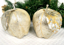 Vintage Silver Leaf-Wrapped Apple Ornaments Pair Rustic Metallic Fruit Nature