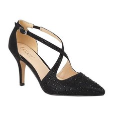 Lotus Ladies Panache Black Diamante Cross Over Prom Occasion Stiletto Court Shoe