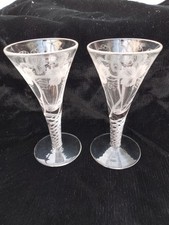 Pair of Antique Air Flow Twist Stem Etched Vines Cordial Liqueur Glasses