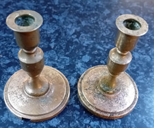 2 Vintage small 8.5 cm tall brass candlesticks, round base, in need of tlc