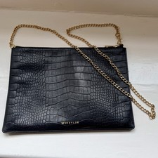 Whistles Rivington Bag - Black Croc Leather Clutch with Gold Removable Chain