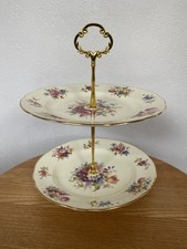 2-tier Cake Stand Made With Genuine Vintage China cream & bright floral pattern