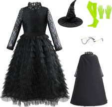 Witch Costume for Girls, Halloween Black Witch Dress Cosplay Outfit with Cloak H
