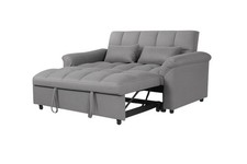 2 Seater Sofa Bed In Grey Linen Fabric With Pull Out Section And Recliner Back
