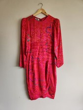 Vintage 80s Flora Kung Silk Pencil Dress Size 8 Pink Shoulder Pads Retro 
