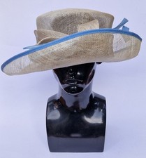 Women's ladies natural fibres mesh Frank Usher wedding races hat gold blue