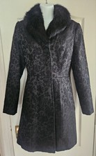 Amaryllis Black Brocade Coat with Faux Fur Collar – Size 10
