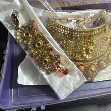 Indian Necklace Set Bridal Party Wear Choker Red Colour Earrings Tika Wedding