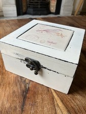 White Wooden Decorative Box Ceramic Bird Tile Shabby Chic Jewellery/Trinket Boho