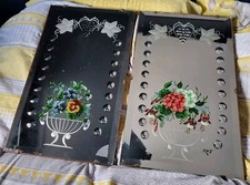 Pair Of Victorian Reverse Painted Etched Pub Mirror Bevelled Glass Flowers