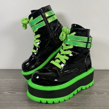 Demonia Slacker-52 2" Platform Ankle Boots | Black + Green | Size UK 4