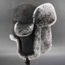 Vintage Men's Trapper Hat Cap Ski Russian Cossack Faux Fur Suede Leather Winter