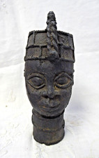 Vintage African Benin Bronze King Head Sculpture Nigeria Oba Figure Tribal