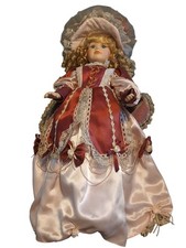 Large Porcelain Doll Red & Pink Silk And Lace Dress W/Stand 21" Blonde Hair Hat